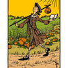Illustration from The Legend of Sleepy Hollow Tarot—Headless Horseman Edition by Schiffer Publishing, Ltd.: A cheerful figure walks through a pumpkin field with a stick, bag, and white rose under the sun.
