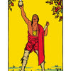 The Legend of Sleepy Hollow Tarot—Headless Horseman Edition by Schiffer Publishing, Ltd. features The Magician, a figure in red and white robes with a wand, standing amidst green foliage against a yellow backdrop.