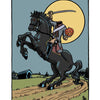 The Legend of Sleepy Hollow Tarot—Headless Horseman Edition by Schiffer Publishing, Ltd. features a “Death” card with the headless horseman wielding a sword and jack-o’-lantern atop a rearing black horse beneath a yellow moon on a rural path.