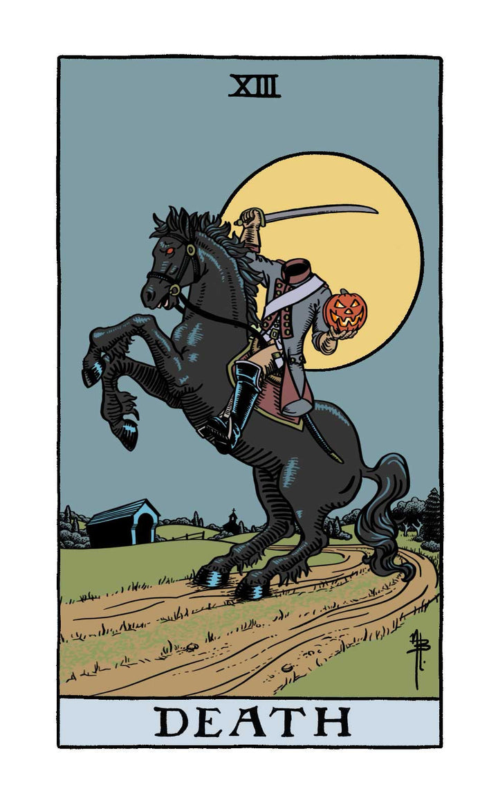 The Legend of Sleepy Hollow Tarot—Headless Horseman Edition by Schiffer Publishing, Ltd. features a “Death” card with the headless horseman wielding a sword and jack-o’-lantern atop a rearing black horse beneath a yellow moon on a rural path.