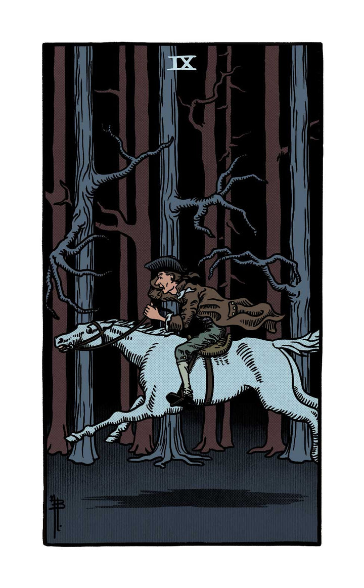 A cloaked man rides a white horse through a shadowy forest under bare trees on The Legend of Sleepy Hollow Tarot—Headless Horseman Edition by Schiffer Publishing, Ltd.; the Roman numeral IX is at the top, evoking an eerie atmosphere.