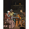 Three people share tea and food in a cozy room by a brick fireplace, with a black cat and jack-o’-lantern nearby—a scene from The Legend of Sleepy Hollow Tarot—Headless Horseman Edition by Schiffer Publishing, Ltd. The Roman numeral VI tops the card.