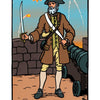 A bearded man in colonial garb stands by a cannon, sword in hand as fireworks burst above. At the bottom: Page of Swords—a striking card from Schiffer Publishing’s The Legend of Sleepy Hollow Tarot—Headless Horseman Edition.