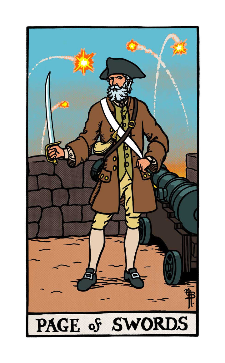 A bearded man in colonial garb stands by a cannon, sword in hand as fireworks burst above. At the bottom: Page of Swords—a striking card from Schiffer Publishing’s The Legend of Sleepy Hollow Tarot—Headless Horseman Edition.