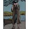 A man in tattered clothes stands by a boat on a lake, holding a staff and glowing coin under dark clouds on the Ace of Pentacles card from The Legend of Sleepy Hollow Tarot—Headless Horseman Edition by Schiffer Publishing, Ltd.
