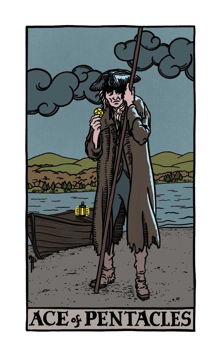 A man in tattered clothes stands by a boat on a lake, holding a staff and glowing coin under dark clouds on the Ace of Pentacles card from The Legend of Sleepy Hollow Tarot—Headless Horseman Edition by Schiffer Publishing, Ltd.