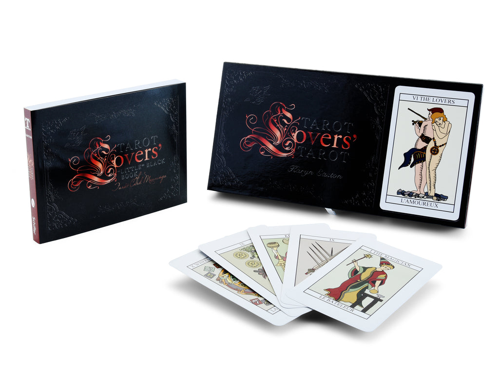 Tarot Lovers’ Tarot by Schiffer Publishing, Ltd. includes a detailed guidebook and tarot deck, with The Lovers card featured. The set provides in-depth tarot card meanings and showcases several tarot cards spread out.