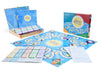 The Game of Insight by Schiffer Publishing, Ltd. is shown with its blue and yellow game board, cards, instruction sheets, box, and various game pieces thoughtfully arranged in an eye-catching display.