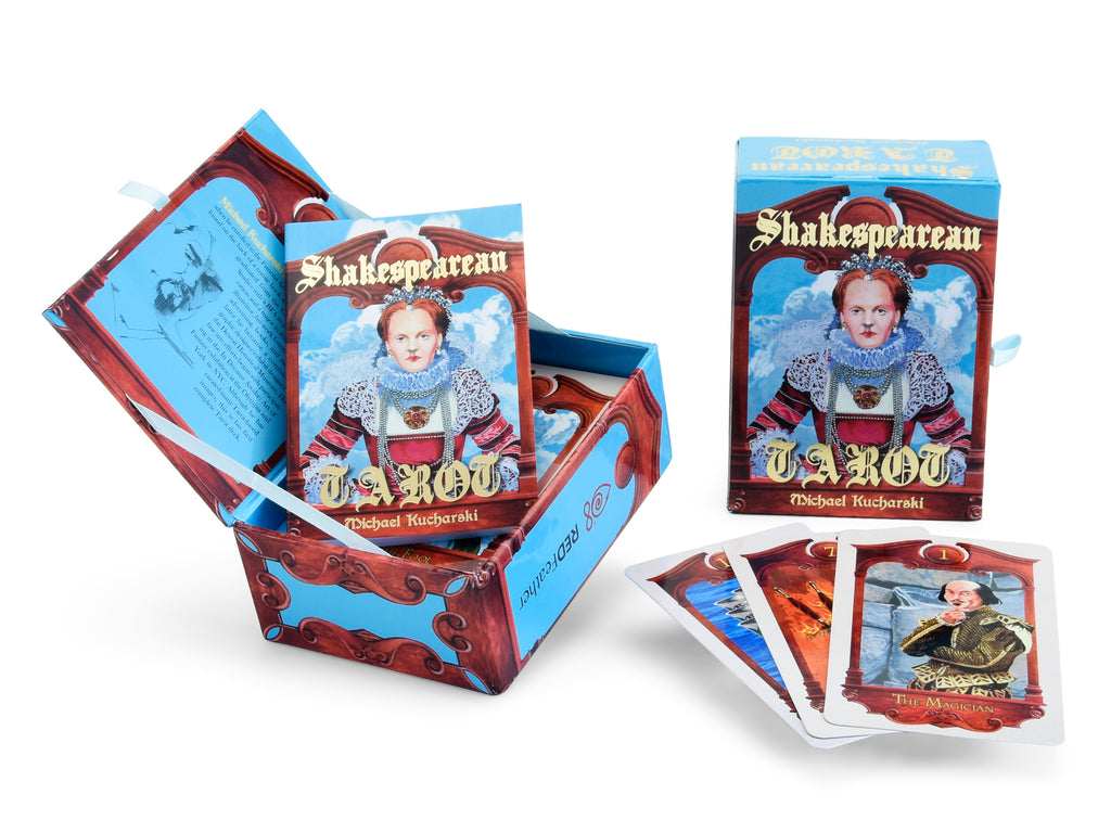 The Shakespearean Tarot by Schiffer Publishing, Ltd. features Tarot cards with Elizabethan-costumed characters, an illustrated booklet, and decorative box, exploring Jungian archetypes through Shakespearean drama.