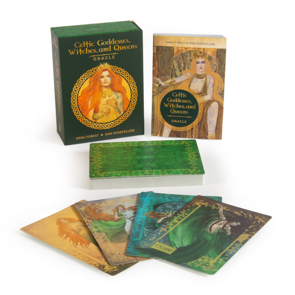 The Celtic Goddesses, Witches, and Queens Oracle by Schiffer Publishing, Ltd. is a boxed set with a guidebook and illustrated cards showcasing mystical female figures and Celtic art—a powerful divination tool honoring Celtic goddesses.