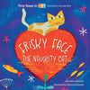 The colorful cover of Frisky Face the Naughty Cat by Schifferbooks features an illustrated cat with orange-yellow markings on a big red heart, surrounded by fish and birds on a blue background. Authors' names are displayed at the bottom.