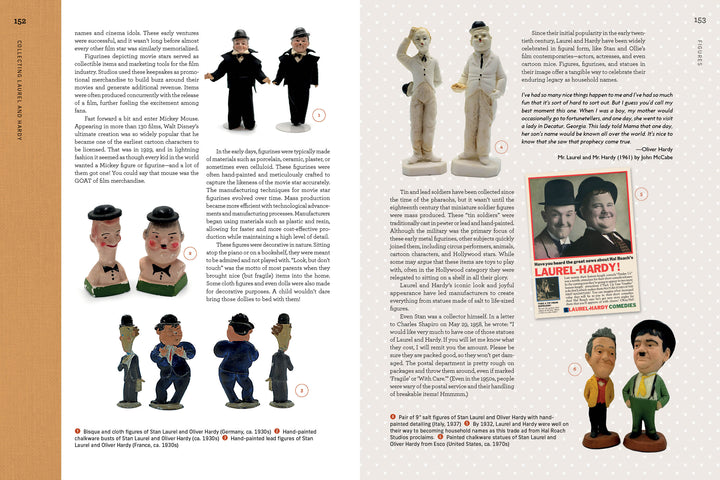 Collecting Laurel and Hardy" by Schiffer Publishing, Ltd. features photos of comedy memorabilia, descriptive text, a vintage film card, and a quote—all on a dotted beige background—perfect for fans and collectors.