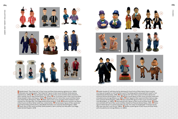Collecting Laurel and Hardy by Schiffer Publishing, Ltd. showcases a two-page spread of numbered and captioned memorabilia, toys, and comedy collectibles of the duo in colorful outfits and various poses.