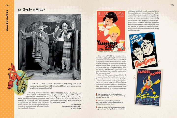 Two men in vintage attire stand smiling in a stone archway. To the right are colorful posters and memorabilia. "Collecting Laurel and Hardy" by Schiffer Publishing, Ltd. is perfect for fans of comedy collectibles.