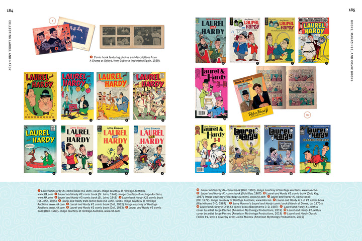 Collecting Laurel and Hardy by Schiffer Publishing, Ltd. showcases comic books and memorabilia in two rows on white pages with colorful, illustrated covers—perfect for fans and collectors of the legendary comedy duo.