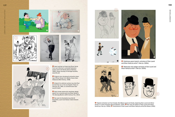 Collecting Laurel and Hardy by Schiffer Publishing, Ltd. features a two-page collage of caricatures, pencil sketches, and watercolor art of the duo, with descriptive text—ideal for film history fans and collectors of Laurel and Hardy memorabilia.