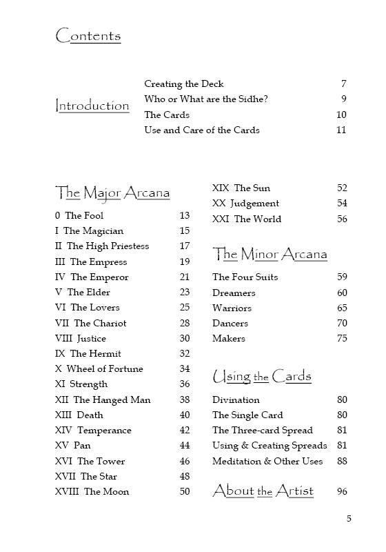 A table of contents from the "Tarot of the Sidhe" book by Schiffer Publishing, Ltd., listing Introduction, The Major Arcana, The Minor Arcana, Using the Cards, and About the Artist with their page numbers.