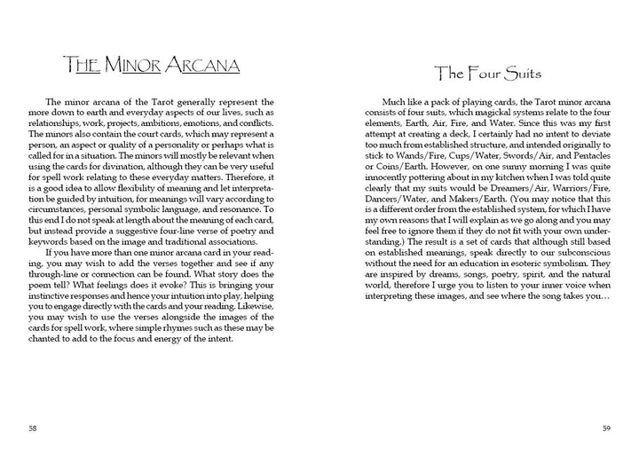 A two-page spread from Tarot of the Sidhe by Schiffer Publishing, Ltd. features black text on crisp white: the left explains the Minor Arcana, while the right explores its Four Suits and other Faery Tarot traditions.