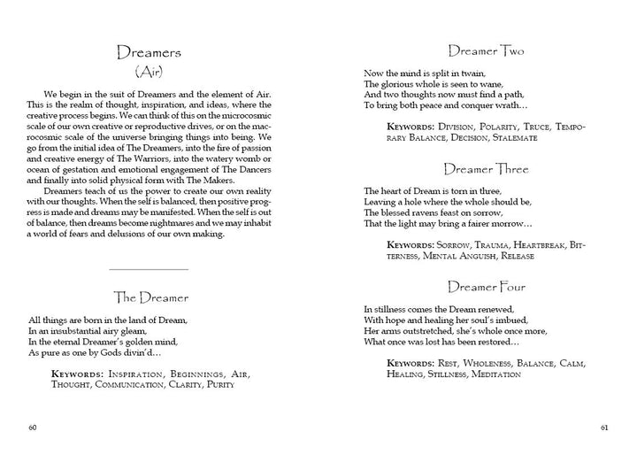 Two book pages show poetic text on Dreamers, themed around air, water, earth, and fire—echoing the mystical Celtic Otherworld vibes found in Schiffer Publishing, Ltd.'s Tarot of the Sidhe deck.