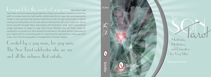 The Son Tarot by Schiffer Publishing, Ltd. features a mystical male face, glowing red heart, and tarot cards on its cover, celebrating gay tarot and masculine spirituality from the gay male perspective.
