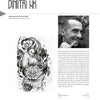 A black-and-white magazine page from Schiffer Publishing, Ltd.'s TattooIsMe showcases renowned tattoo artist Dimitri HK, his stylized beast tattoo design, and a biography covering his background and international influence.