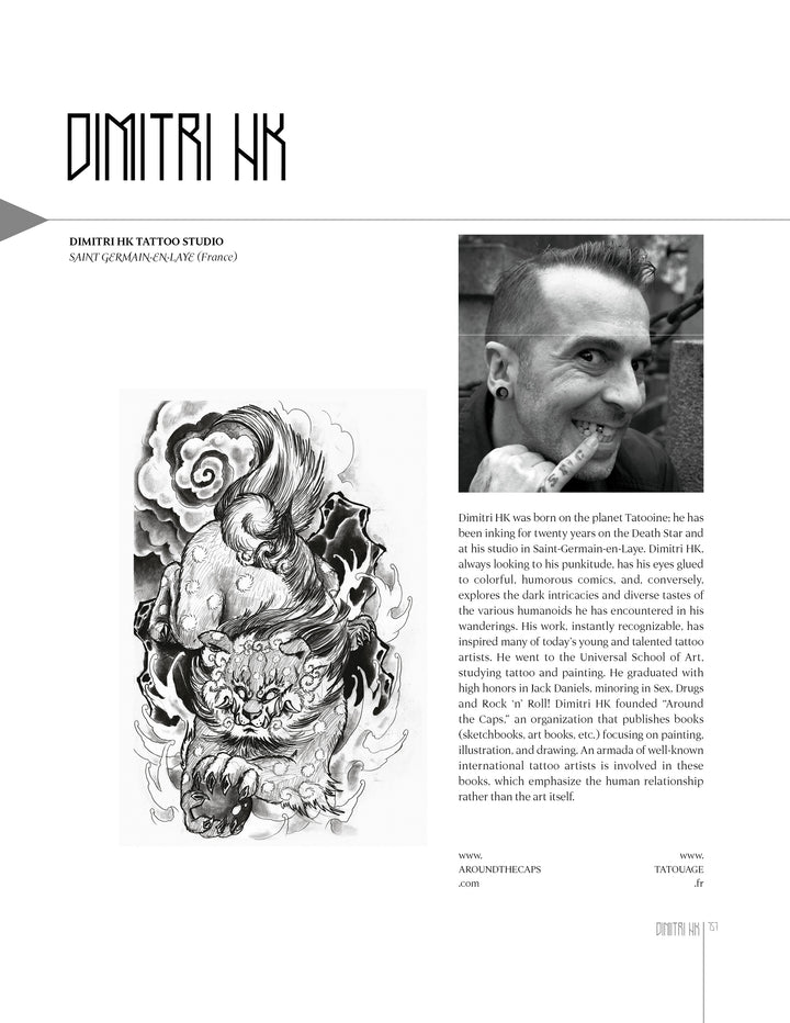 A black-and-white magazine page from Schiffer Publishing, Ltd.'s TattooIsMe showcases renowned tattoo artist Dimitri HK, his stylized beast tattoo design, and a biography covering his background and international influence.