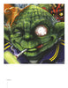 A cartoonish green creature with big ears, in a blue jacket, smokes a cigarette. One eye is bloodshot. Tattoo-style sparks surround its head, with colorful creatures in the background. From "TattooIsMe" by Schiffer Publishing, Ltd.