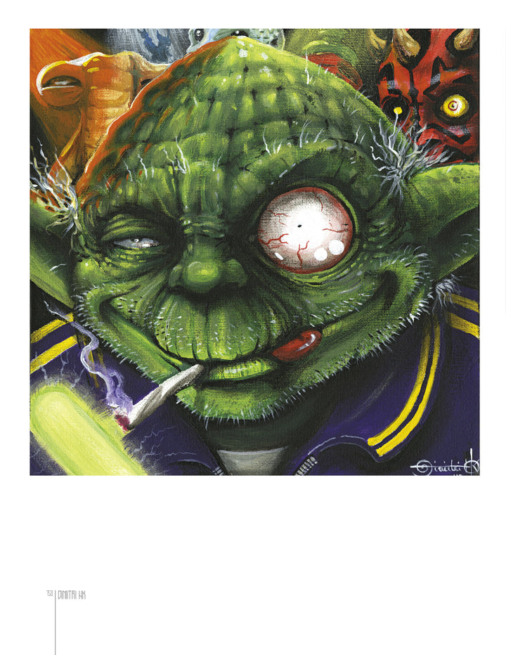 A cartoonish green creature with big ears, in a blue jacket, smokes a cigarette. One eye is bloodshot. Tattoo-style sparks surround its head, with colorful creatures in the background. From "TattooIsMe" by Schiffer Publishing, Ltd.