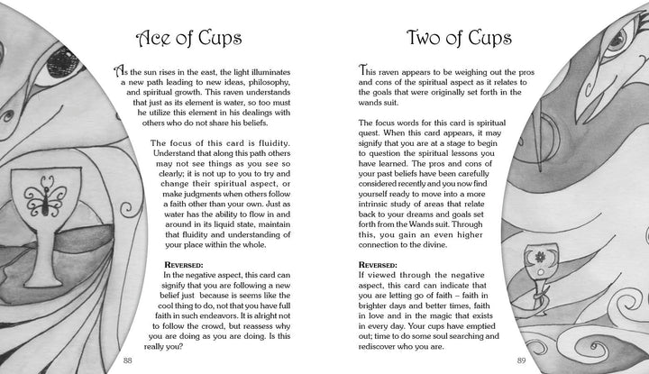 An open Dream Raven Tarot book by Schiffer Publishing, Ltd. shows grayscale art and descriptions for the Ace of Cups and Two of Cups, including card meanings and reversed interpretations.