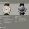 Two luxury watches from "Patek Philippe® Highlights" by Schiffer Publishing, Ltd. are shown: Calatrava with gold case and white dial (left), and a Nautilus-inspired piece with silver case and black dial (right). See details and prices below.