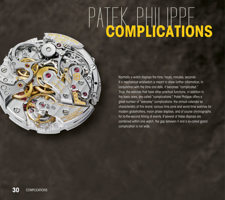 Close-up of an intricate watch movement with visible gears set against a dark background. Large text reads “Patek Philippe® Highlights,” featuring Schiffer Publishing, Ltd., and showcasing the renowned craftsmanship and innovation of Patek Philippe.