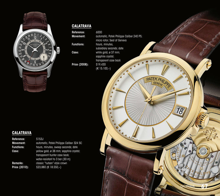 The Patek Philippe® Highlights book by Schiffer Publishing, Ltd. details two luxury Calatrava watches—one with a black dial and brown leather strap, the other featuring a gold case, silver dial, and brown strap—each with full specifications.
