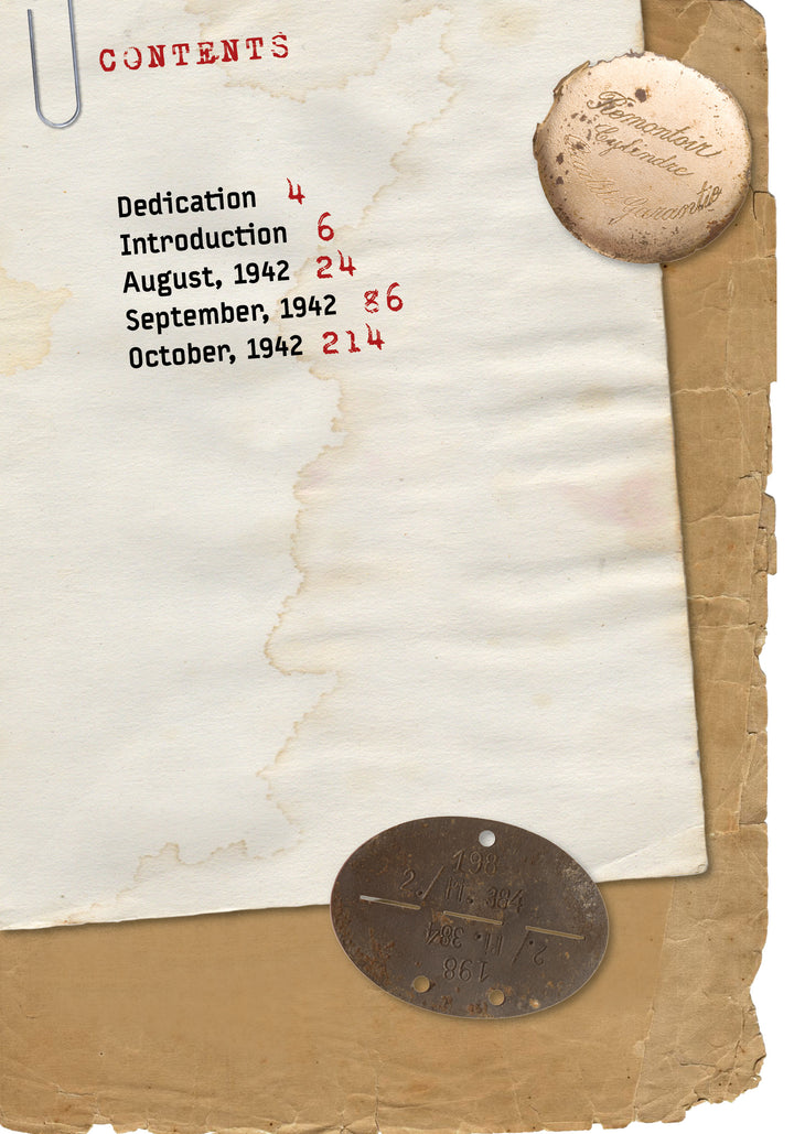 A vintage contents page for "Stalingrad: The Death of the German Sixth Army on the Volga, 1942-1943" by Schiffer Publishing, Ltd. lists sections with red numbers, while relics like a dog tag and badge from the Sixth Army rest on its worn paper.