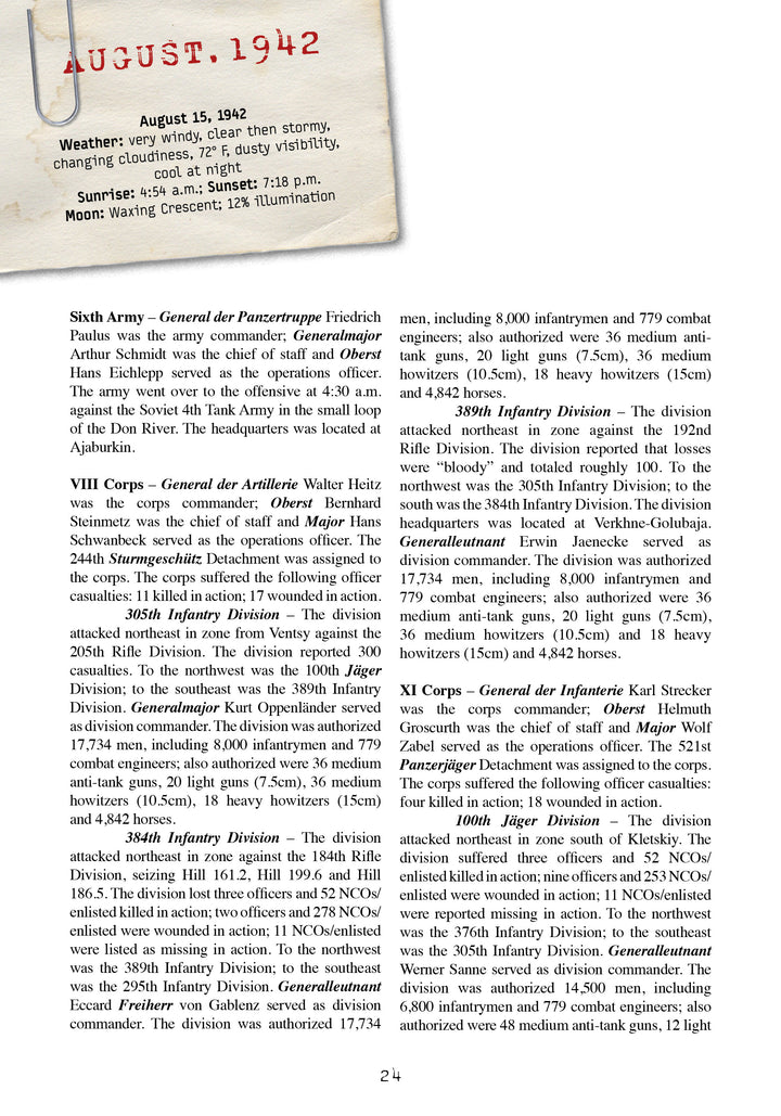 A page from "Stalingrad: The Death of the German Sixth Army on the Volga, 1942-1943" (Schiffer Publishing, Ltd.) details an August 1942 WWII battle, with German units, commanders, equipment, and Stalingrad weather and celestial data.