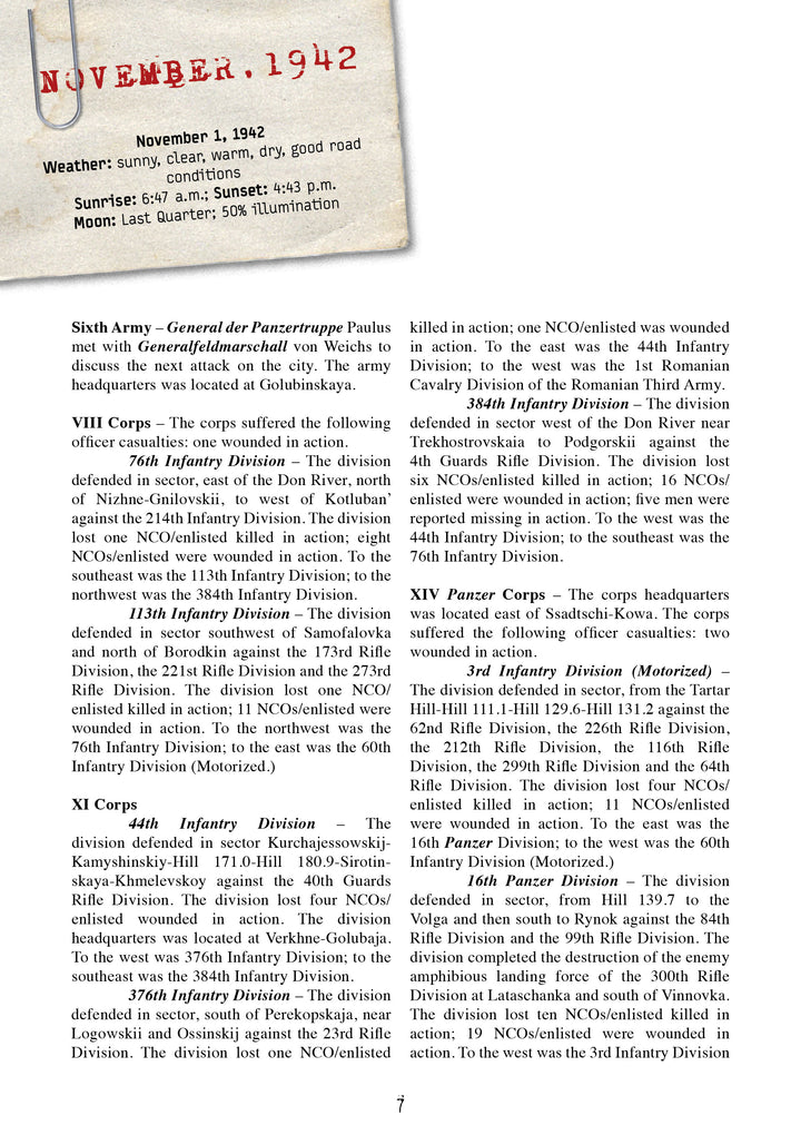 A historical typewritten page from "Stalingrad: The Death of the German Sixth Army on the Volga, 1942-1943" (Schiffer Publishing, Ltd.) details November 1942 events, casualties, and actions at Stalingrad with a weather report attached.