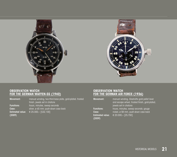 The book "A. Lange & Söhne® Highlights" by Schiffer Publishing, Ltd. showcases vintage luxury German wristwatches with leather straps, detailing their models, movements, functions, and estimated values on a gray background.