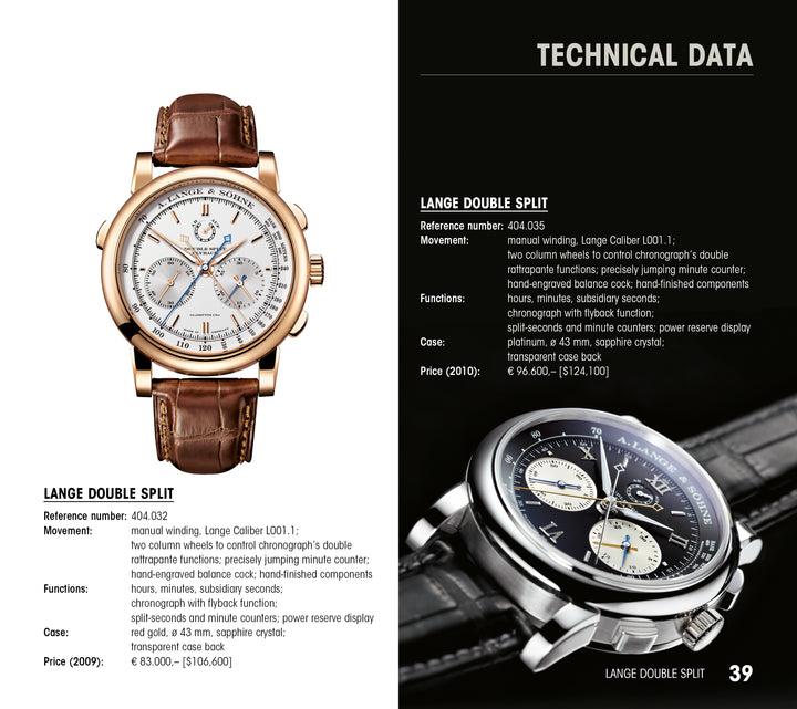 On the left is "A. Lange & Söhne® Highlights" by Schiffer Publishing, Ltd., shown with its specs, while a black-and-white image of this renowned German watch industry icon appears on the right.