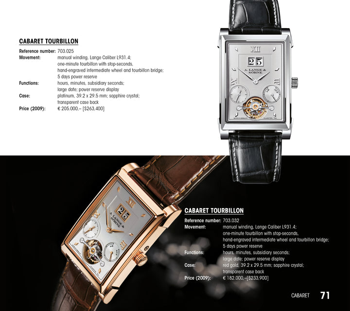 A. Lange & Söhne® Highlights by Schiffer Publishing, Ltd. showcases two iconic German luxury wristwatches in silver with black leather and rose gold with brown strap, each displayed with specs and pricing details.