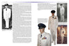 A two-page spread in *Into the Blue: Uniforms of the United States Air Force, 1947 to the Present* by Schiffer Publishing features historical photos, officers in dress uniforms, and mannequins with insignia for USAF uniform collectors and enthusiasts.