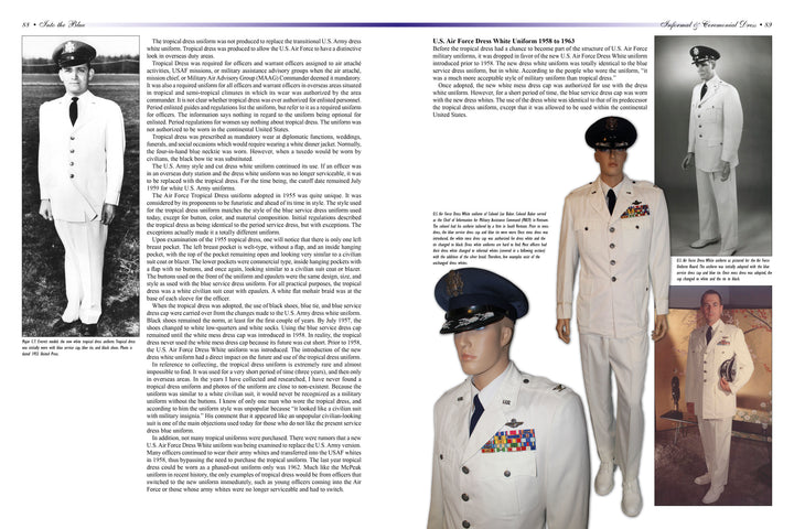 A two-page spread in *Into the Blue: Uniforms of the United States Air Force, 1947 to the Present* by Schiffer Publishing features historical photos, officers in dress uniforms, and mannequins with insignia for USAF uniform collectors and enthusiasts.