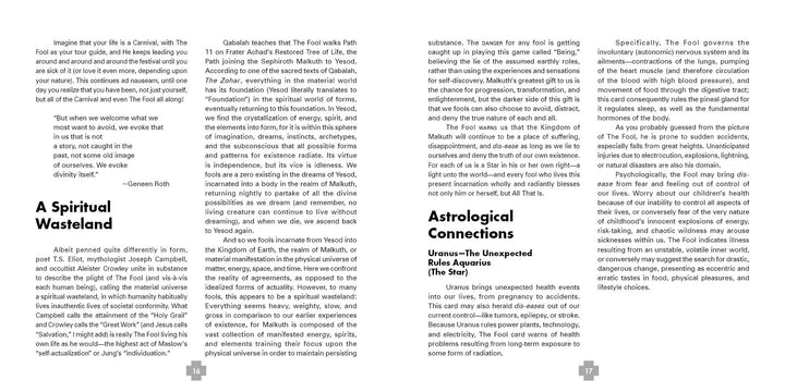 A two-page spread from The Healing Tarot by Schiffer Publishing, Ltd. explores A Spiritual Wasteland and Astrological Connections of the Fool card, featuring quotes, teachings, and wellness insights—no images or illustrations included.