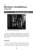 A page from Spooky Creepy New England 2 by Schiffer Publishing, Ltd. shows a black-and-white photo of a shadowy figure titled Misty sees the Spirit, with text on ghost encounters and haunted houses in Hudson, NH.