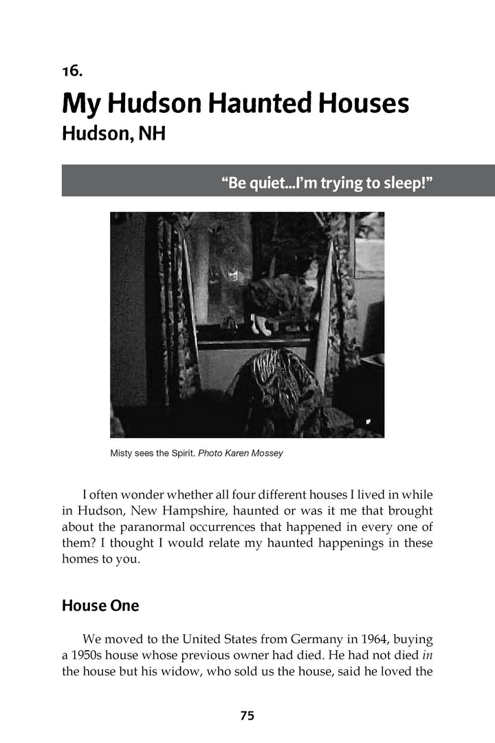A page from Spooky Creepy New England 2 by Schiffer Publishing, Ltd. shows a black-and-white photo of a shadowy figure titled Misty sees the Spirit, with text on ghost encounters and haunted houses in Hudson, NH.