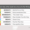 The "Build Your Psychic Skills" 90-day plan from Schiffer Publishing, Ltd. features a weekday chart to develop abilities in mental focus, body awareness, the clairs, precognition, psychic play, breaking habits, and dream work.