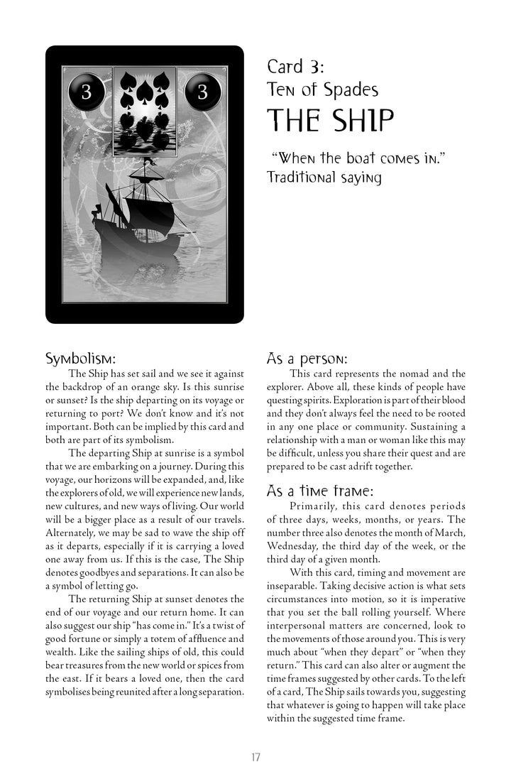 The Lenormand Cartomancy deck by Schiffer Publishing, Ltd. includes a Ten of Spades: The Ship card with a ship at sunrise or sunset, bordered in black and marked with the number 3 in circles at the top corners.