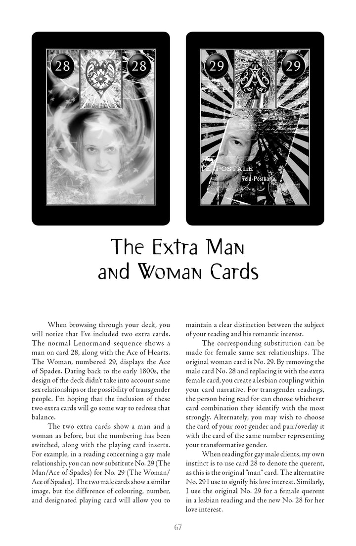 Lenormand Cartomancy by Schiffer Publishing, Ltd. includes tarot cards 28 and 29, each showing illustrated figures on black backgrounds, plus extra Man and Woman cards for inclusive relationship readings in Lenormand fortune telling.