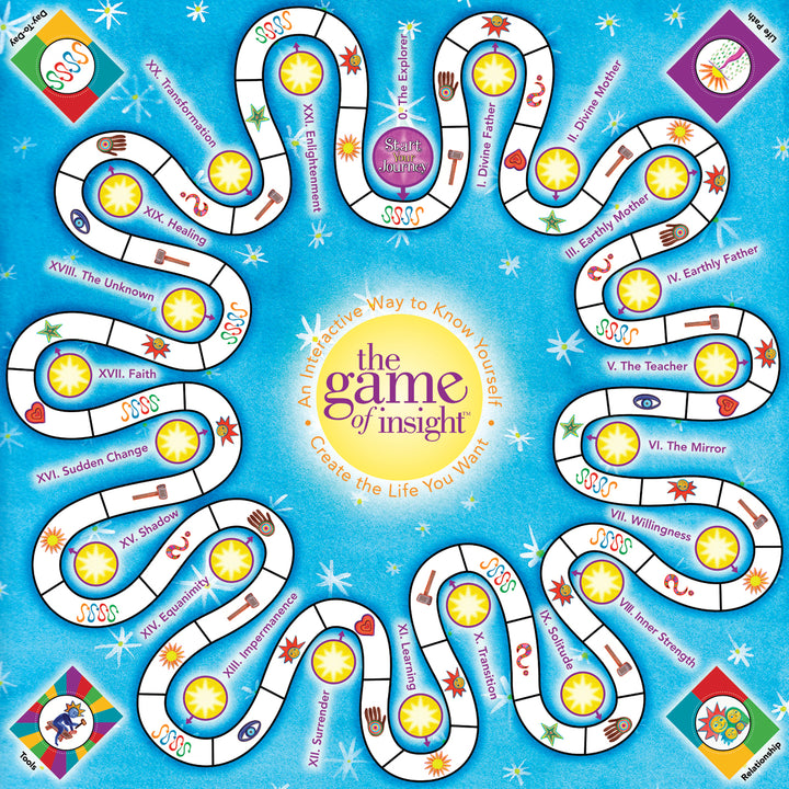 The Game of Insight by Schiffer Publishing, Ltd. is a vibrant, cosmic-themed self-discovery game featuring a winding path with symbols and phrases such as Faith, Sudden Change, and Willingness, plus four colorful corner illustrations.