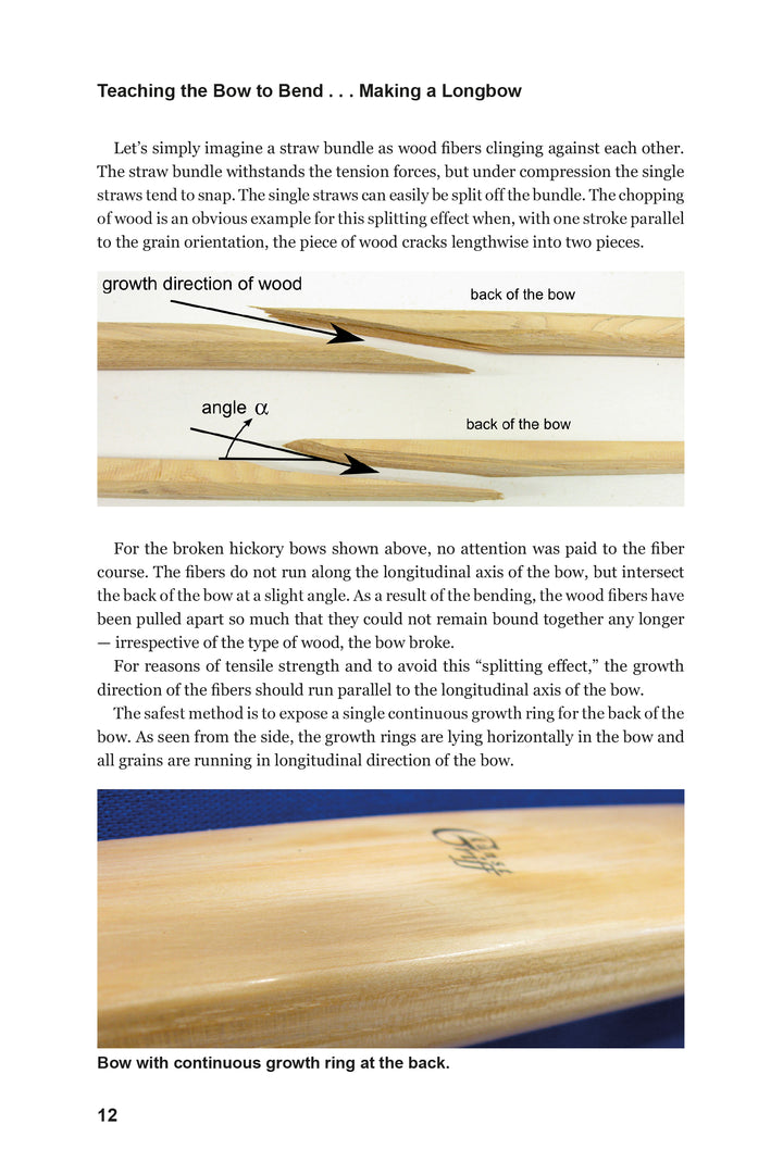 Learn to craft a wooden longbow with "Teaching the Bow to Bend" by Schiffer Publishing, Ltd., featuring two photos: one labels growth rings and angles, the other displays a stave with a continuous growth ring at the back.
