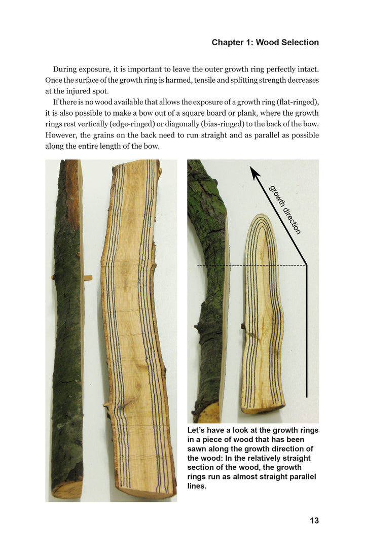 Two pieces of wood are shown: one with bark and one sliced to show straight growth rings. An arrow marks growth direction. "Teaching the Bow to Bend" by Schiffer Publishing, Ltd. explains how growth rings affect wood strength for bow making.
