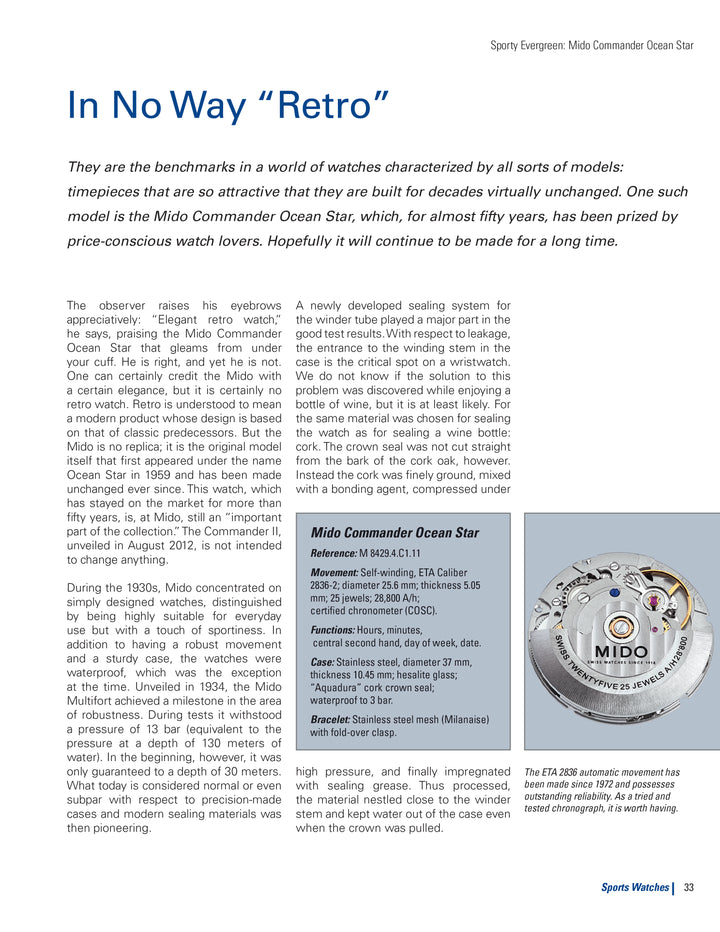 Magazine page featuring an article on Schiffer Publishing, Ltd.'s Sports Watches, with text, a watch photo, a movement close-up, and a clean layout highlighted by blue and gray accents.